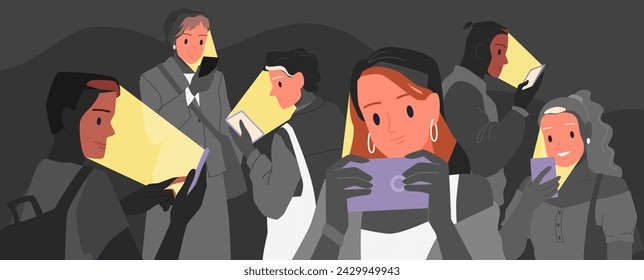 Crowd of people using mobile phones, light from screen in faces. Internet addiction of many young happy girls and boys watching video and texting, surfing news feed cartoon