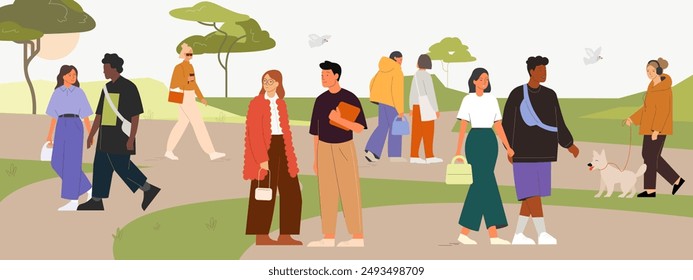 Crowd of people of various races walking outside in the park. Diverse men and women going in the street in summer or spring. Vector illustration