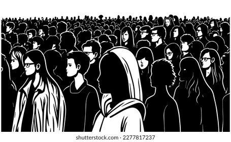 Ilustración de la línea negra vectorial de la multitud aislada en blanco. Dibujo artístico