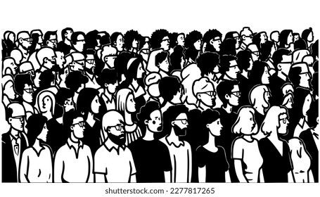 Ilustración de la línea negra vectorial de la multitud aislada en blanco. Dibujo artístico