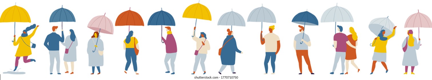 Crowd Of People.  Vector Flat Background People With Umbrellas, Rainy Day.