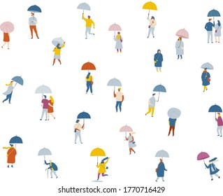 Crowd of people.  Vector flat background people with umbrellas, rainy day.