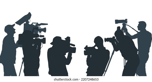 Eine Menge Leute mit Video- und Fotokameras, Silhouetten. Pressekonferenz, Reporter. Vektorgrafik