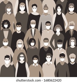 Crowd of people in virus protective masks. Coronavirus, COVID-19, 2019-nCoV alert vector illustration.