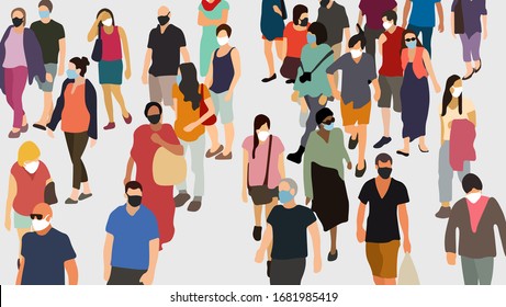 Crowd of people in virus protective masks. Coronavirus, COVID-19 reality vector illustration.