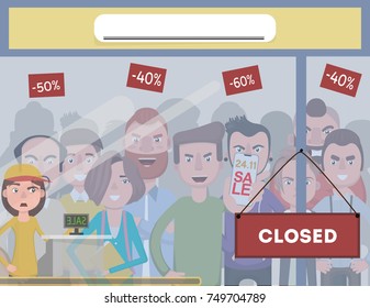 A crowd of people are waiting in line for a purchase. Black Friday. Vector illustration in cartoon style