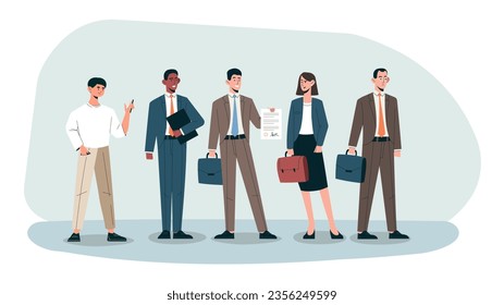 Crowd of people waiting in queue. Men and women in suits and briefcases. Businesspeople and investors. Workers and employees. Citizens at shopping. Cartoon flat vector illustration