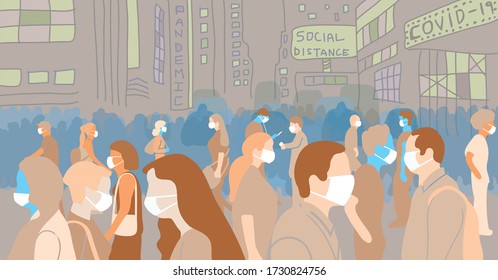 Crowd Of People Walk With Face Mask During Covid Pandemic In Large Populated City Street With Street Signs, Flat Art Conceptual Illustration.