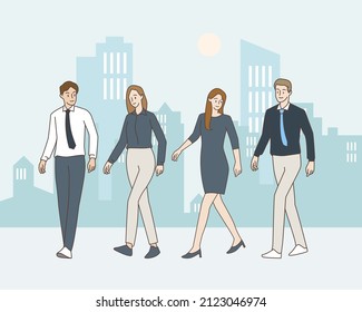Crowd of people walking in city. Group of male and female isolated on white background. Hand draw style. Vector illustration.