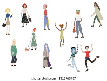 Crowd of people walking with dog, standing, dancing, running, shopping. Male and female characters isolated on white. Outdoor activities on city street. Vector illustration in flat cartoon style