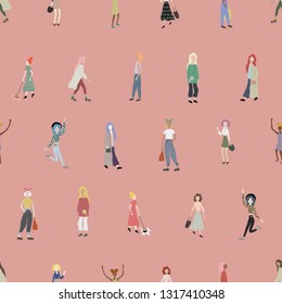 Crowd of people walking with dog, standing, dancing, shopping. Female characters isolated on pink background. Women activities on city street. Vector illustration. Flat cartoon style. Seamless pattern