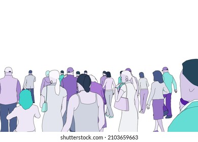 Crowd Of People Walking Forward Isolated On White Background. Back View, Backs Of People Without A Face. Flat Style. Silhouettes With Contours Of People. Vector Illustration