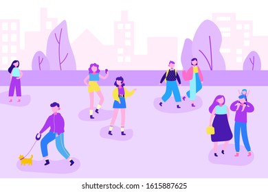 Crowd of people walking on street. Different men and women walking with children or dogs on city landscape background. Flat cartoon vector illustration