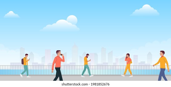 Crowd of People Walking on the Street with Cityscape Background vector illustration