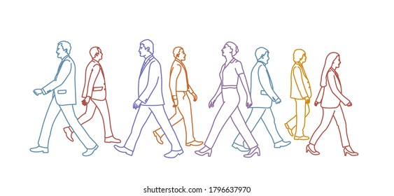 Crowd Of People Walking. Side View. Rainbow Colours In Linear Vector Illustration.