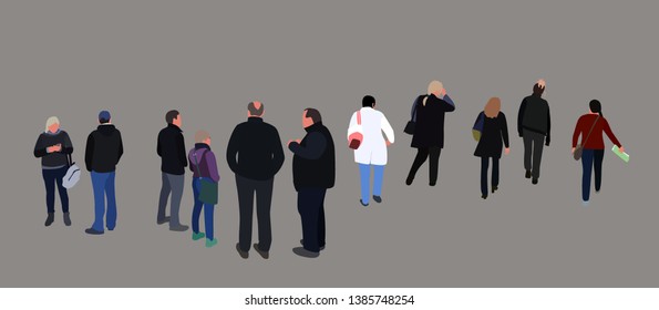 crowd of people walking in the street dressed in demi-season clothes. Group of funny men, women in autumn (spring) clothes. Flat cartoon vector illustration. 