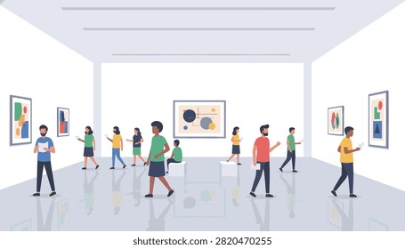 Crowd of people walking through spacious art gallery viewing abstract paintings on walls.