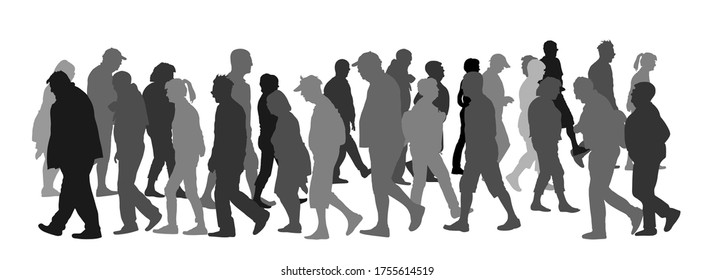 Crowd of people walking vector silhouette illustration isolated on white background. Senior tourists on vacation. Woman and man travelers parade. Many passengers cross the street on pedestrian zone.