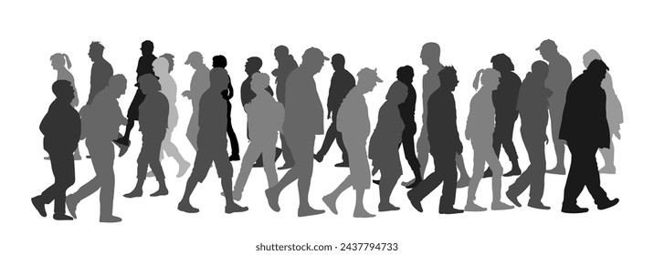 Crowd of people walking vector silhouette illustration isolated on white background. Senior tourists on vacation. Woman and man travelers parade. Many passengers cross the street on pedestrian zone.