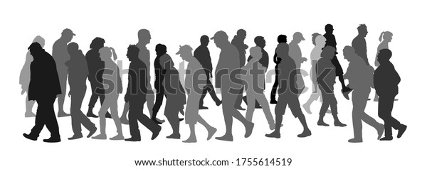 Crowd of people walking vector silhouette\
illustration isolated on white background. Senior tourists on\
vacation. Woman and man travelers parade. Many passengers cross the\
street on pedestrian\
zone.