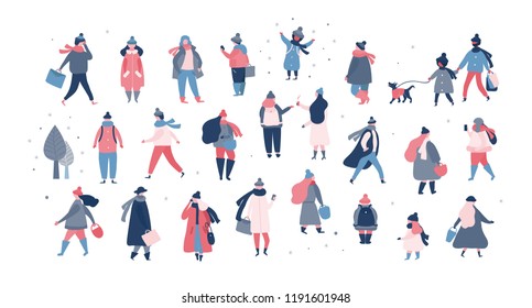 Crowd of people in warm winter clothes walking on street, going to work, talking on phone. Women men children in outerwear performing outdoor activities. Vector illustration in flat style