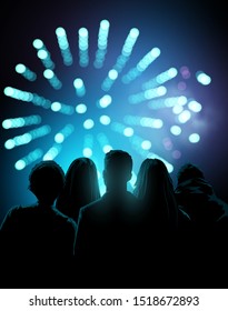 A crowd of people watching and enjoying a firework display event. Vector illustration.