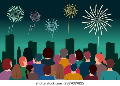 Crowd of people watching fireworks celebration. Panorama of night festive sky show in the city. New Year. Vector illustration.