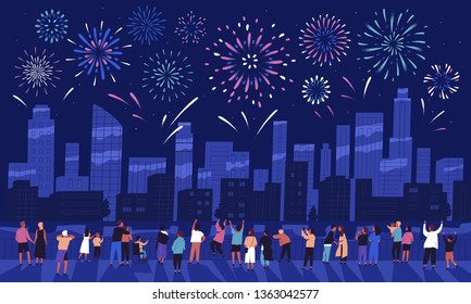 Crowd of people watching fireworks displaying in dark evening sky and celebrating holiday against city buildings. Festival celebration, pyrotechnics show. Flat cartoon colorful vector illustration.
