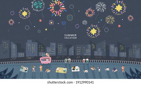 Crowd of people watching fireworks displaying in dark evening sky and celebrating holiday against city buildings. Festival celebration
