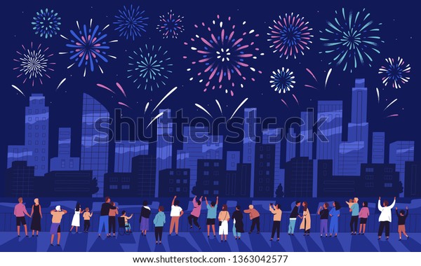 Crowd of people watching fireworks\
displaying in dark evening sky and celebrating holiday against city\
buildings. Festival celebration, pyrotechnics show. Flat cartoon\
colorful vector\
illustration.