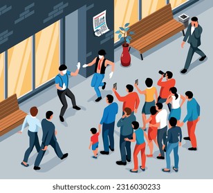 Crowd of people watching performance of street mime artists isometric vector illustration