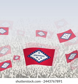 Crowd of people waving flag of Arkansas square graphic for social media and news. Vector illustration.