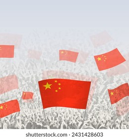 Crowd of people waving flag of China square graphic for social media and news. Vector illustration.