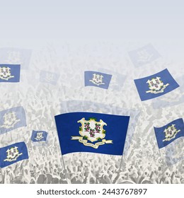 Crowd of people waving flag of Connecticut square graphic for social media and news. Vector illustration.