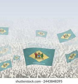 Crowd of people waving flag of Delaware square graphic for social media and news. Vector illustration.