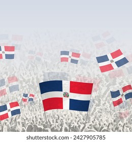 Crowd of people waving flag of Dominican Republic square graphic for social media and news. Vector illustration.