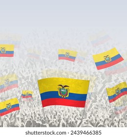 Crowd of people waving flag of Ecuador square graphic for social media and news. Vector illustration.