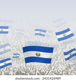 Crowd of people waving flag of El Salvador square graphic for social media and news. Vector illustration.