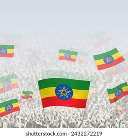 Crowd of people waving flag of Ethiopia square graphic for social media and news. Vector illustration.