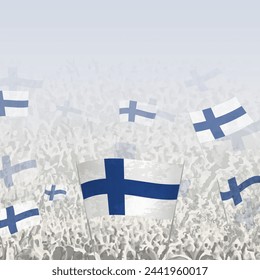 Crowd of people waving flag of Finland square graphic for social media and news. Vector illustration.
