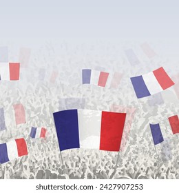 Crowd of people waving flag of France square graphic for social media and news. Vector illustration.