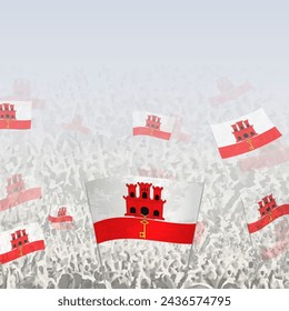 Crowd of people waving flag of Gibraltar square graphic for social media and news. Vector illustration.