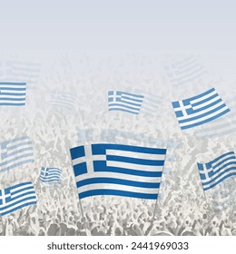 Multitud de personas ondeando la bandera de Grecia cuadrada gráfica para los medios sociales y las noticias. Ilustración vectorial.