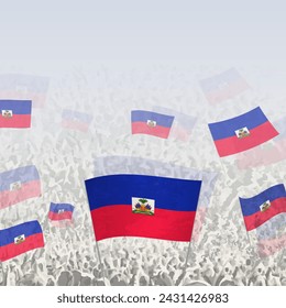 Crowd of people waving flag of Haiti square graphic for social media and news. Vector illustration.
