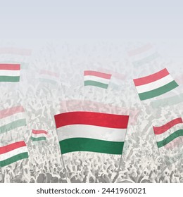 Crowd of people waving flag of Hungary square graphic for social media and news. Vector illustration.