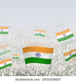 Crowd of people waving flag of India square graphic for social media and news. Vector illustration.