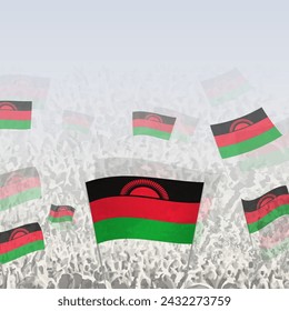 Multitud de personas ondeando la bandera de Malawi con gráficos cuadrados para los medios sociales y las noticias. Ilustración vectorial.