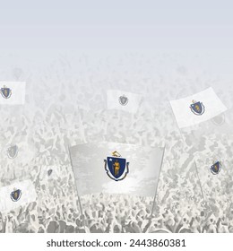 Crowd of people waving flag of Massachusetts square graphic for social media and news. Vector illustration.