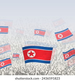 Crowd of people waving flag of North Korea square graphic for social media and news. Vector illustration.
