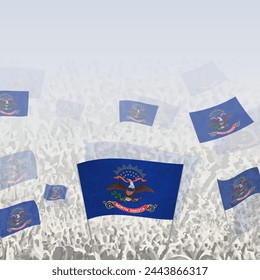 Crowd of people waving flag of North Dakota square graphic for social media and news. Vector illustration.